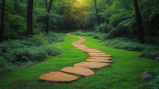 A winding stone path through a lush green forest with sunlight filtering through dense trees creating a peaceful and inviting natural atmosphere