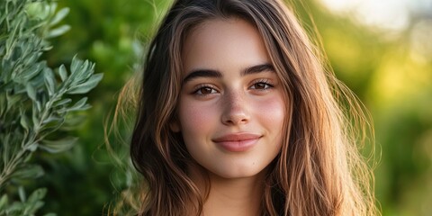 Fototapeta premium Portrait of a young woman with brown eyes, looking relaxed while enjoying a sunset in nature. 