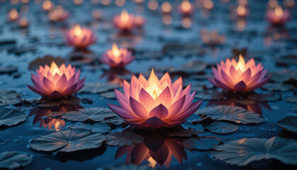 Illuminated Lotus Candles On Water	
