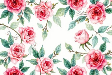 Delicate watercolor roses & leaves, repeating pattern, graphic, seamless pattern, home