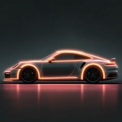 Naklejka premium Glowing neon outline of a sports car on dark grey background, sleek automotive design, high-tech vibe