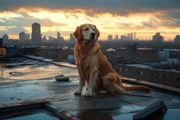 A wet golden retriever dog sitting on a rooftop with a city skyline during a dramatic sunset in the background