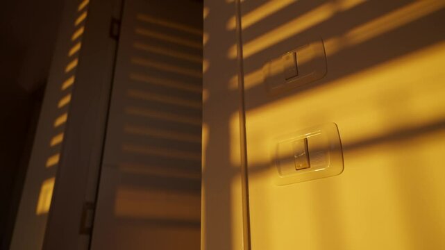 Electric or mechanical window blinds or shutter roll down at sunset or sunrise. Shadows appear on apartment or house wall with orange warm colors as sunlight shines through the cracks