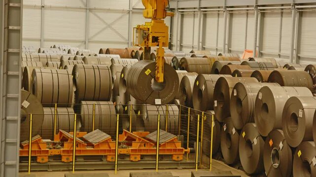Wide view of a large crane putting down a heavy steel coil in a automated factory