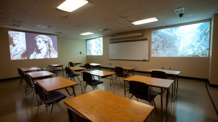Empty classroom with projected images of classical sculptures and nature scenes, bright lighting, whiteboard, and wooden desks, creating calm and focused learning environment