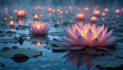 Illuminated Lotus Candles On Water	
