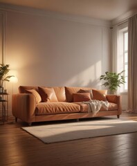 Warm lighting illuminates plush sofa, throw pillows scattered on floor ,  furniture,  comfortable