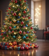 A dazzling Christmas tree, sparkling with colorful ornaments and soft, blurred lights ,  holiday background,  ornaments, christmas tree