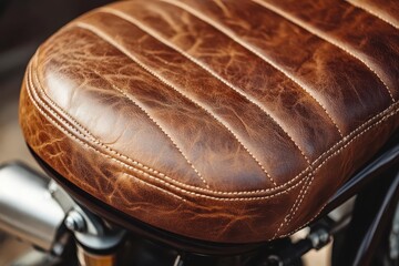 Classic motorbike seat is brown leather, stitched with parallel lines. Use for retro motorcycle design, luxury brands, or vintage style concepts.
