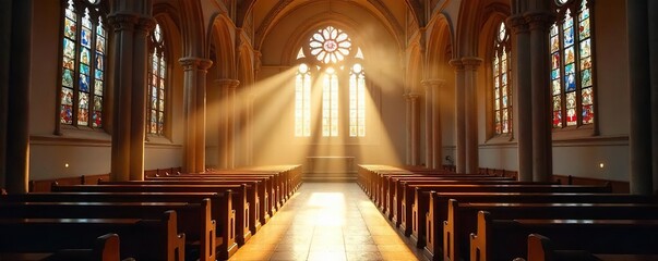 Fototapeta premium A serene church interior, bathed in sunlight streaming through stained-glass windows Peaceful atmosphere, perfect for themes of faith, spirituality, and worship , protestant, ceremony, sanctuary
