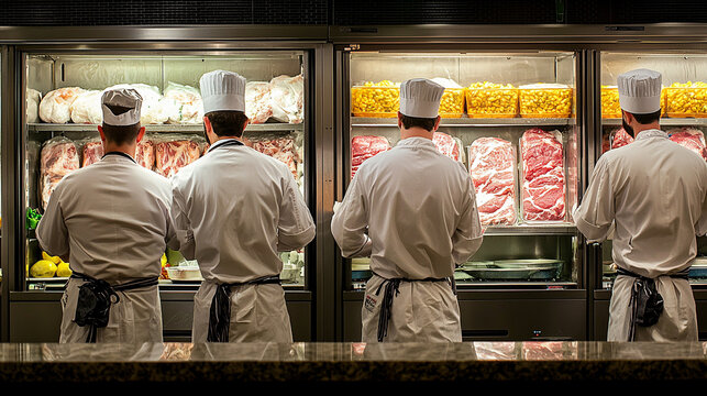 Back view of chefs organizing fresh seafood, meat, and vegetables in large commercial refrigerators inside a cold storage area of a restaurant kitchen.