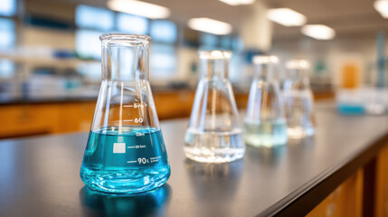 Empty laboratory with beakers containing colorful liquids workbench blurred background of science lab bright lighting scientific equipment clean and organized environment laboratory glassware