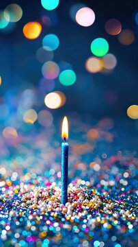 A glowing blue candle amidst colorful sprinkles, confetti, particles set against a magical bokeh backdrop. Birthday, anniversary celebration, and festive projects.