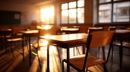 Empty classroom with wooden desks and chairs illuminated by warm sunlight through large windows, creating peaceful and nostalgic atmosphere during sunset