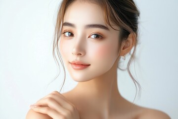 Naklejka premium Close-up portrait of a young woman with smooth skin and light makeup smiling softly against a plain white background