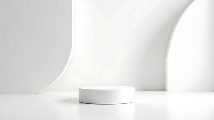 Fototapeta premium Minimalist white cylinder podium displaying product with modern arched wall design