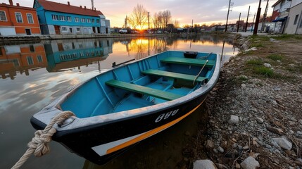Tranquil Sunset Over Calm Water with a Colorful Fishing Boat on a Serene Shoreline at Dusk