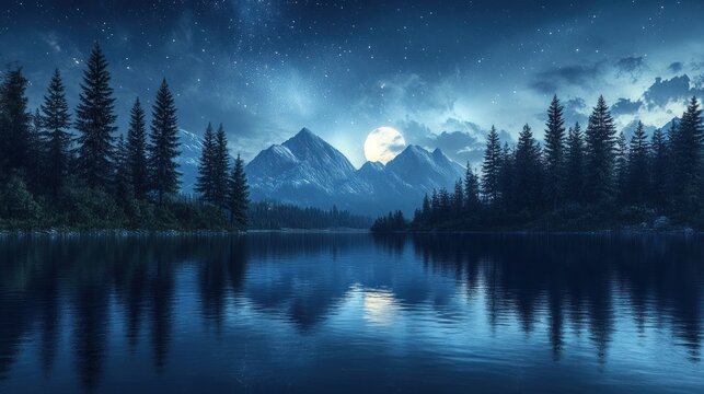 Majestic mountain lake at night under a full moon.  Silhouettes of pines line the shore