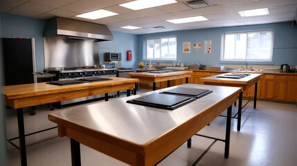 Clean and organized culinary classroom with multiple cooking stations and large windows providing natural light, creating bright and inviting environment for cooking lessons or training