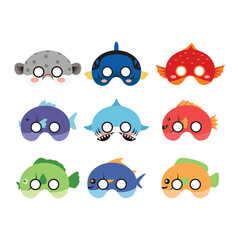 Fototapeta premium Set Fish Birthday Mask Flat Design Cartoon Icon Illustration