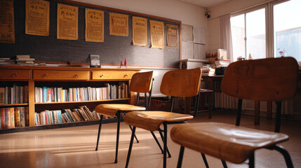 Empty classroom with wooden chairs and bookshelves, sunlight streaming through large windows, educational posters on wall, creating calm and inviting learning environment