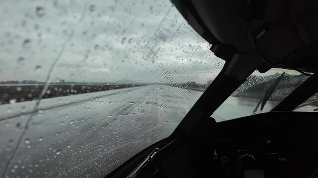 an immersive pilot&rsquo;s view from Captain seat while taxiing along an airport taxiway for departure with stormy weather with rain showers.