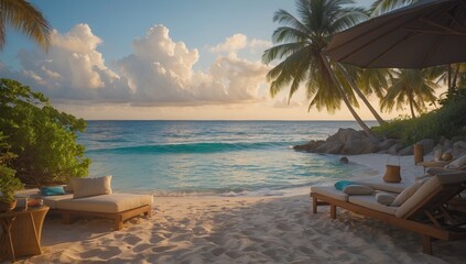 A Beach Scene with Two Wooden Lounge Chairs on the Sand, Palm Trees, and a Calm Sea in the Background