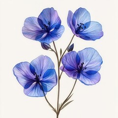 Delicate translucent blue flowers with dark centers and slender green stems on a light background, showcasing natural beauty and intricate petal details