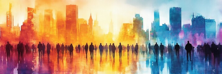 Silhouettes of people walking with a city skyline background split between warm orange and cool blue tones, evoking a sense of contrast and transition