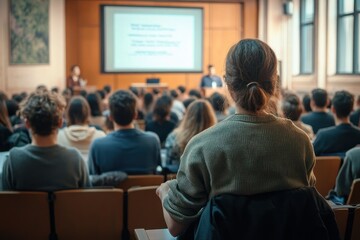 Obraz premium Audience seated in a classroom or lecture hall attentively watching a presentation on a large screen in a well-lit room with windows