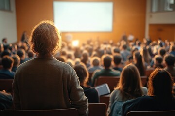 Fototapeta premium Rear view of a person with curly hair standing or sitting among an attentive audience in a lecture hall or conference room with a bright presentation screen