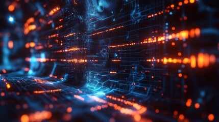 Obraz premium Abstract digital data streams with glowing orange and blue lines and circuit-like patterns creating a futuristic technology atmosphere