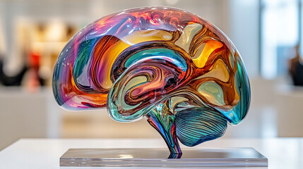 Abstract colorful geometric brain model against a blurred background, symbolizing neurological complexity, mental health, cognitive science, and disorders with vibrant modern design.