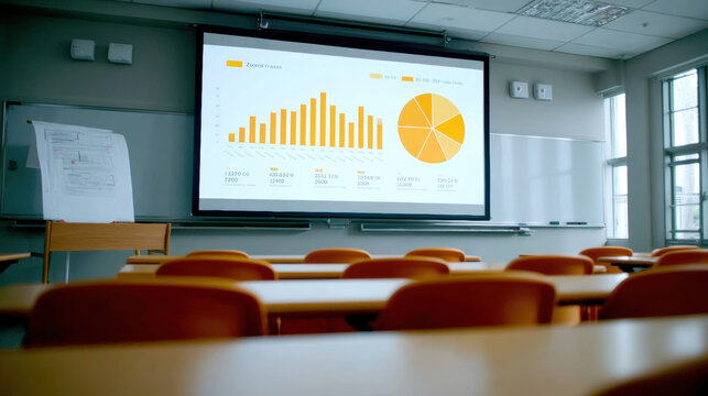 Classroom with large screen displaying colorful data charts, including bar graphs and pie chart, with empty desks and chairs, bright natural light from windows, and whiteboard with papers on side - Powered by Adobe