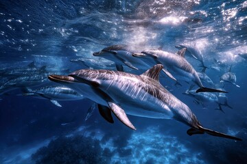Fototapeta premium Underwater shot of dolphins swimming gracefully in the ocean