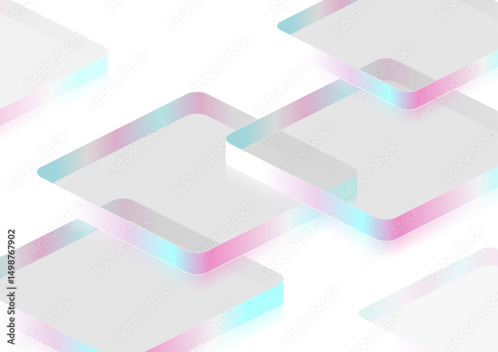 Poster minimal pastel holographic 3d squares with glass effect on white background. vector geometric design