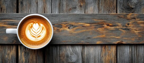 top view of a cup of latte with intricate foam art in the shape of a heart and leaf on rustic wooden table evoking warmth and comfort