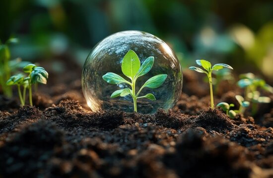 Young green plant protected under a transparent glass sphere surrounded by other small seedlings growing in rich soil with a blurred natural background
