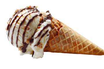 Vanilla ice cream cone with chocolate drizzle and waffle cone delight, cut out