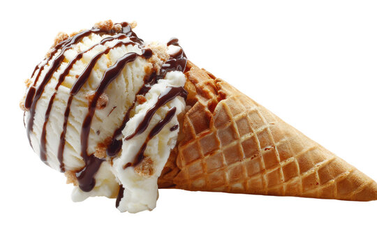 Vanilla ice cream cone with chocolate drizzle and waffle cone delight, cut out