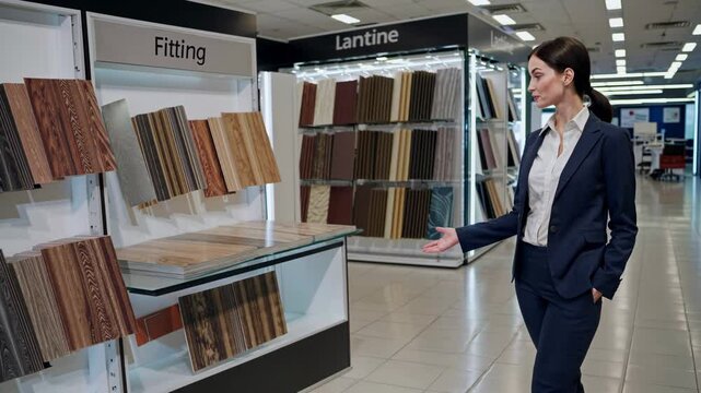 Saleswoman presenting laminate flooring samples in showroom