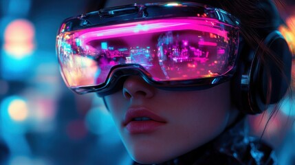 Close-up of a young woman wearing futuristic augmented reality goggles reflecting vibrant neon city lights, conveying a sense of immersion and technological advancement