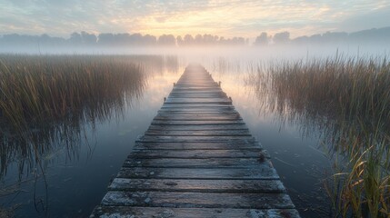 Obraz premium Marsh cattails surrounding wooden boardwalk leading across foggy wetland waters with dramatic sunrise sky and fall foliage