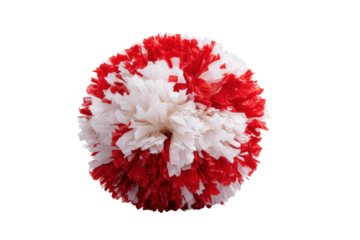 Red and white cheerleading pom pom on black background, cut out