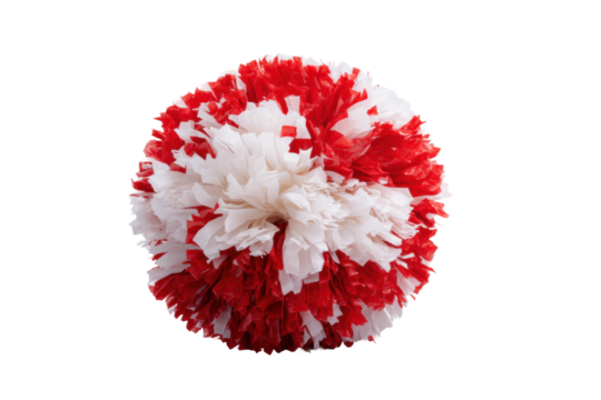 Red and white cheerleading pom pom on black background, cut out