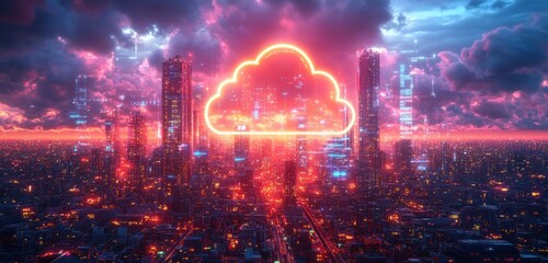 Obraz premium Futuristic cityscape at dusk with glowing neon cloud icon hovering over tall skyscrapers amidst a vibrant red and blue illuminated urban environment