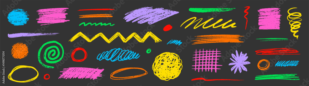 Poster crayon pencil scribble chalk texture brush stroke element set. hand drawn crayon pencil brush stroke
