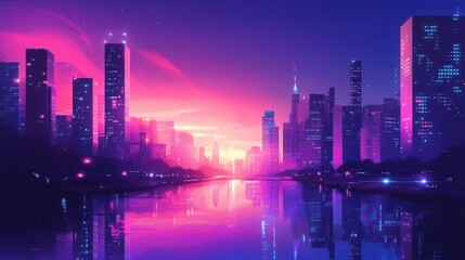 Vibrant city skyline at sunrise reflecting in a calm river.  Modern, stylized cityscape with pastel colors