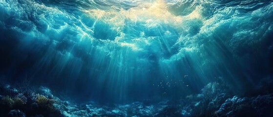 Sunlight rays penetrating deep into a vibrant underwater ocean scene with visible coral formations and clear blue water