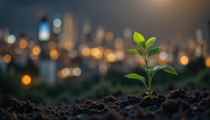 Eco-city miniature on mossy rock, urban background	
